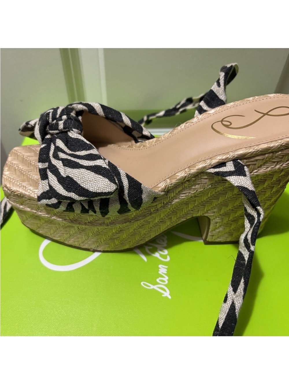 Sam Edelman Zebra-Print Tie Wedge Sandals in Black & Cream